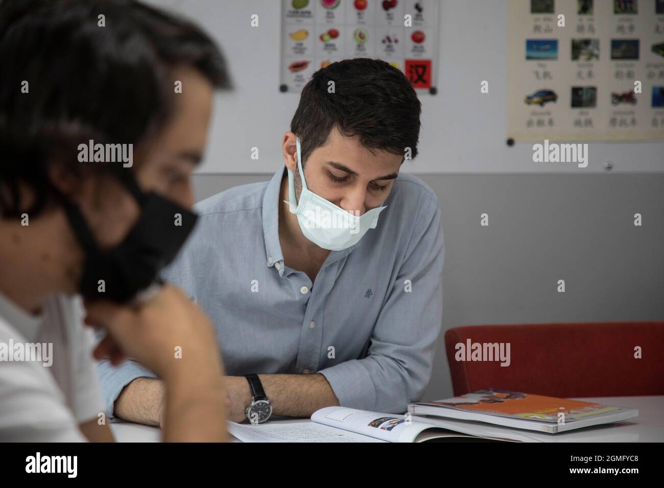 Istanbul, Turkey. 15th Sep, 2021. Firat Ozturk, a third-year student at the History Department of Istanbul Medeniyet University, learns Chinese in a classroom of the Turkish-Chinese Cultural Association in Istanbul, Turkey, on Sept. 15, 2021. Credit: Osman Orsal/Xinhua/Alamy Live News Stock Photo
