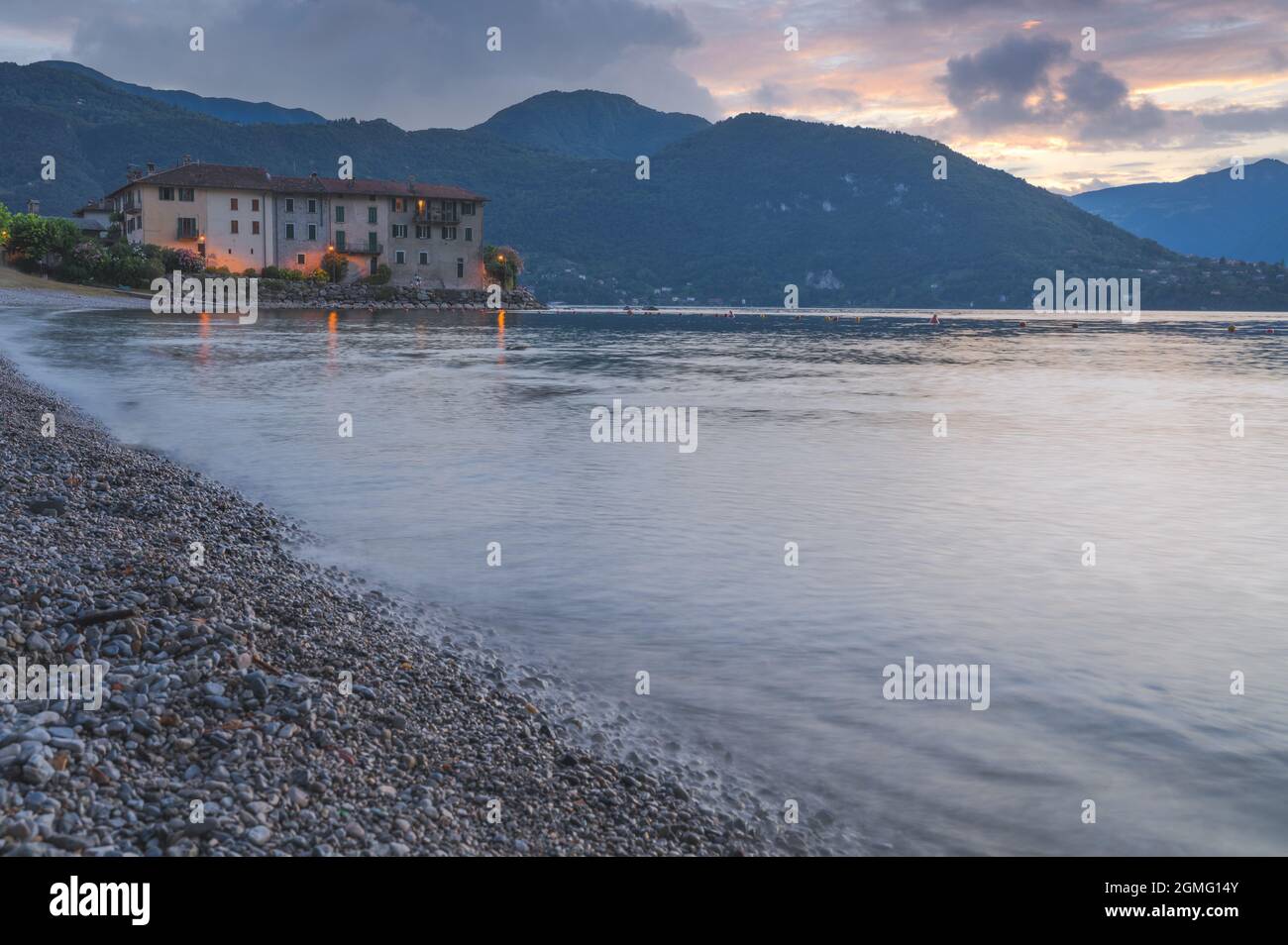 Lakeside view of Lierna Village during sunset in Como Lake, Italy Stock Photo