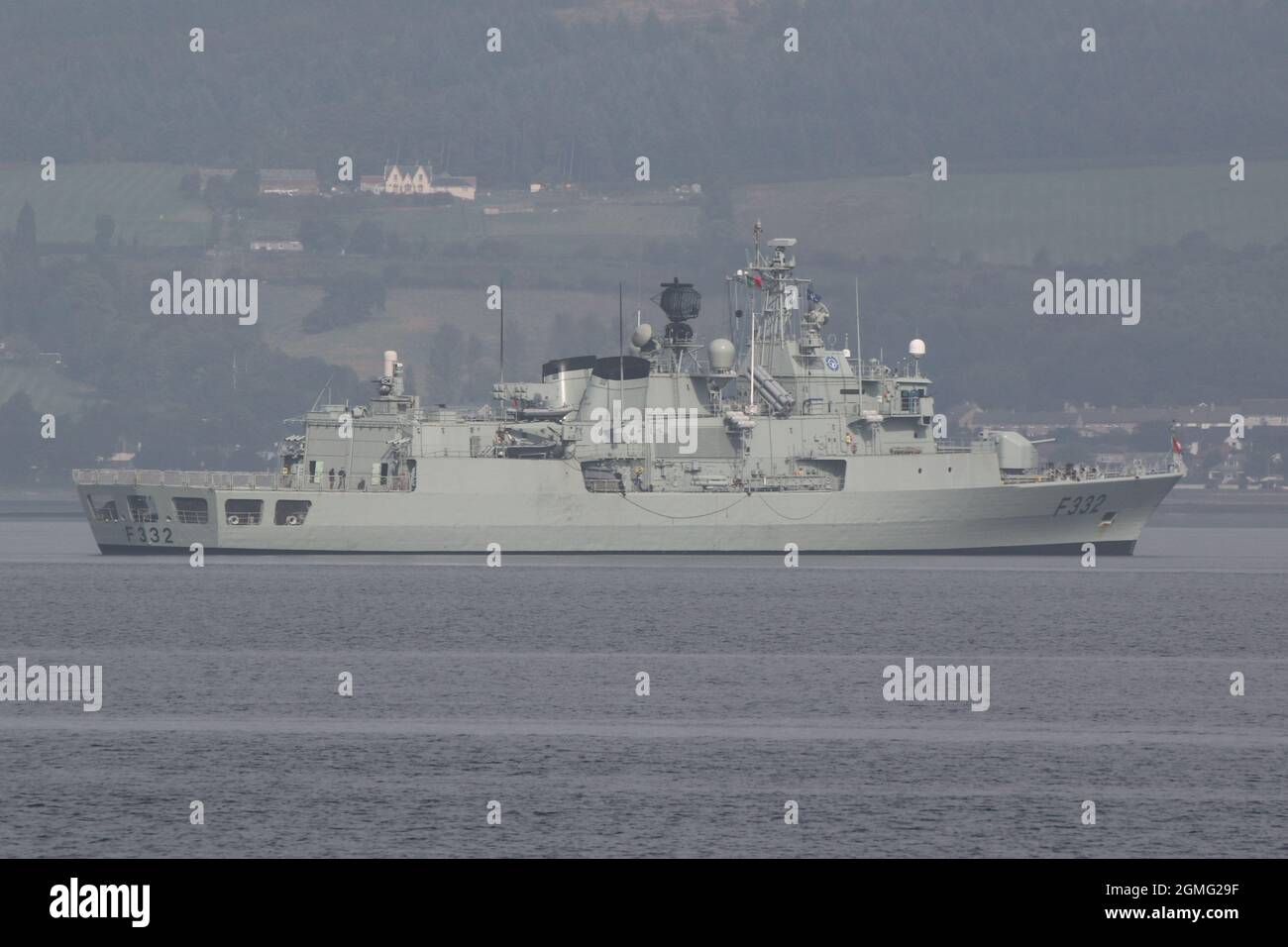 NRP Corte-Real (F332), a Vasco da Gama-class frigate operated by the Portuguese Navy, off Greenock prior to participating in the military exercises Dynamic Mariner 2021 and Joint Warrior 21-2. Stock Photo