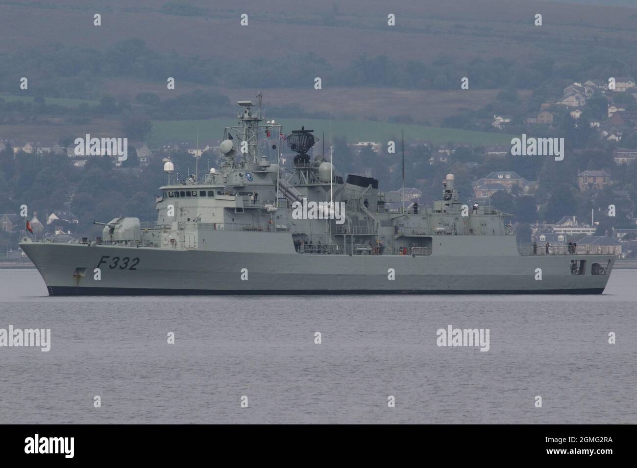 NRP Corte-Real (F332), a Vasco da Gama-class frigate operated by the Portuguese Navy, off Greenock prior to participating in the military exercises Dynamic Mariner 2021 and Joint Warrior 21-2. Stock Photo