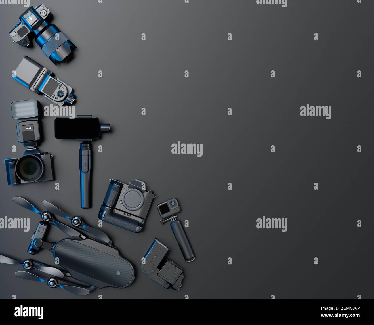 Top view of designer workspace and gear like nonexistent DSLR camera,  mobile phone, drone and action camera on selfie stick on black background.  3d re Stock Photo - Alamy