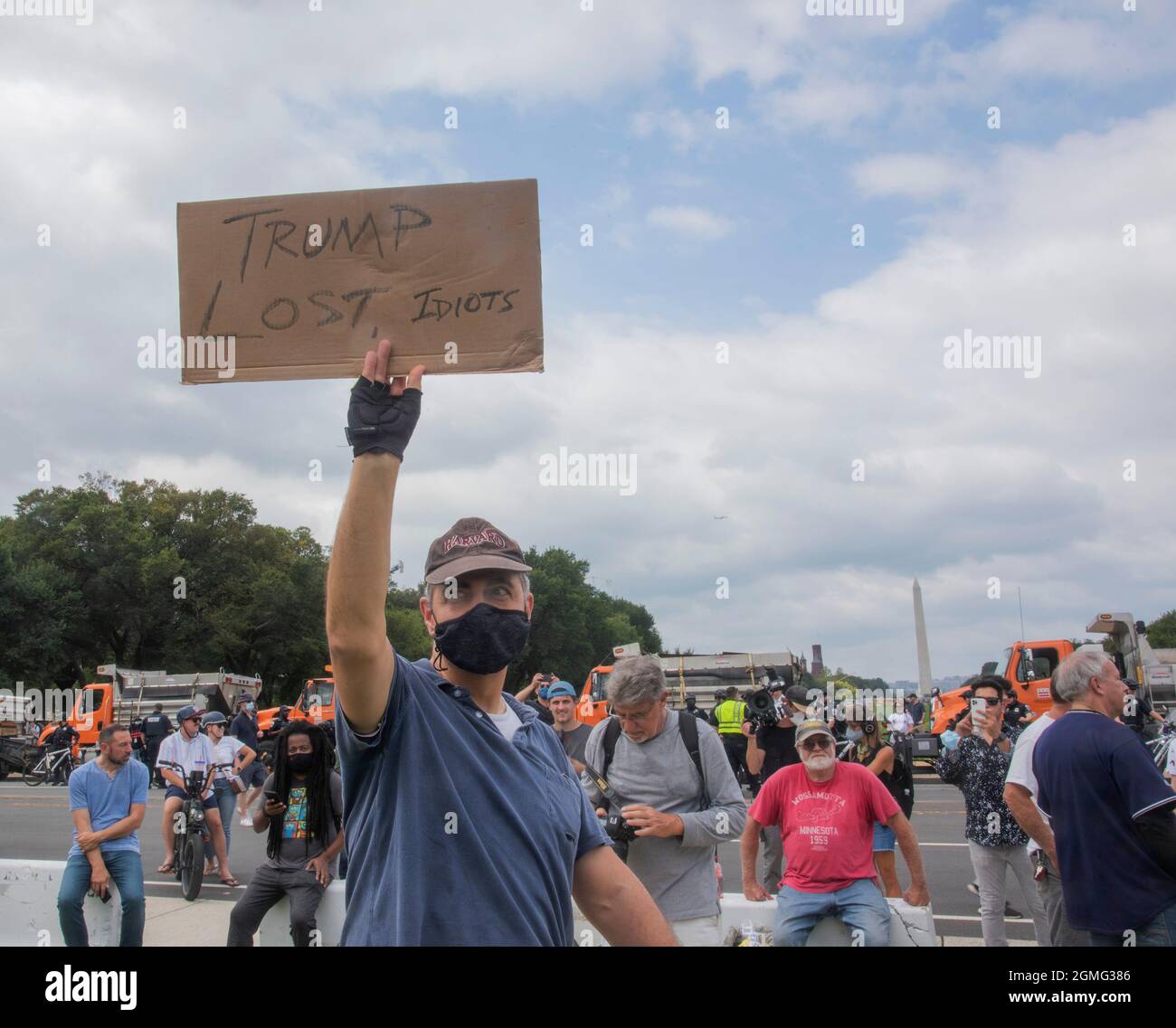 Washington DC, September 18, 2021, USA: An unidentified man holds up a sign in protest of the Justice for J6 rally in Washington DC.  The Justice for Stock Photo