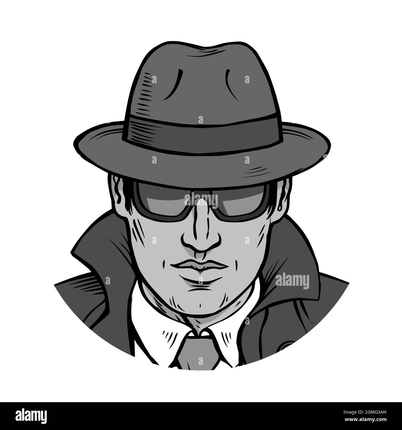 Man detective investigating. Dressed in a retro raincoat and hat. Wearing black glasses. Cartoon black and white illustration pop art. Hand drawn outl Stock Photo