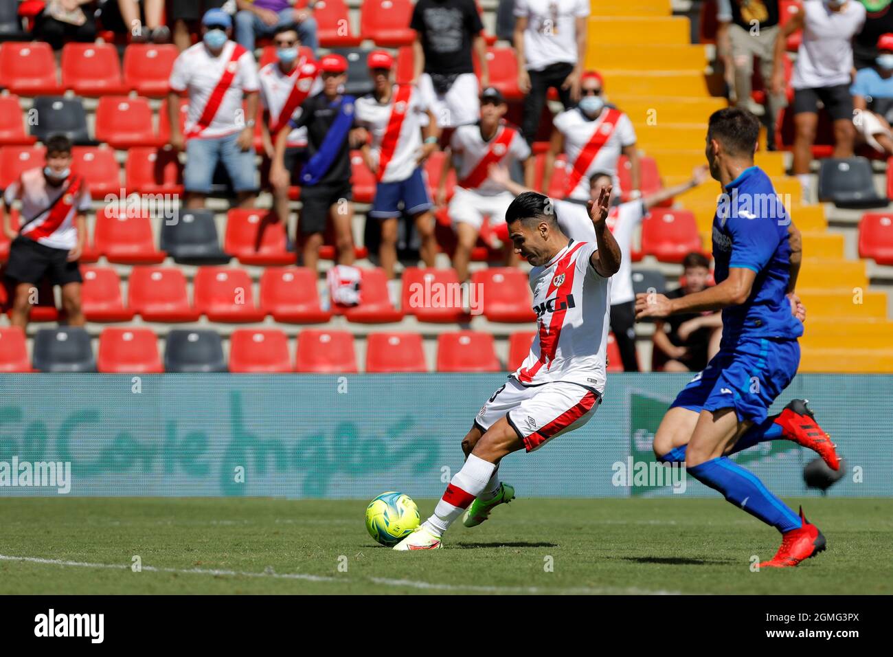 Radamel Falcao of Rayo Vallecano in action during the La Liga match between Rayo Vallecano and Getafe CF at Estadio de Vallecas in Madrid, Spain. Stock Photo