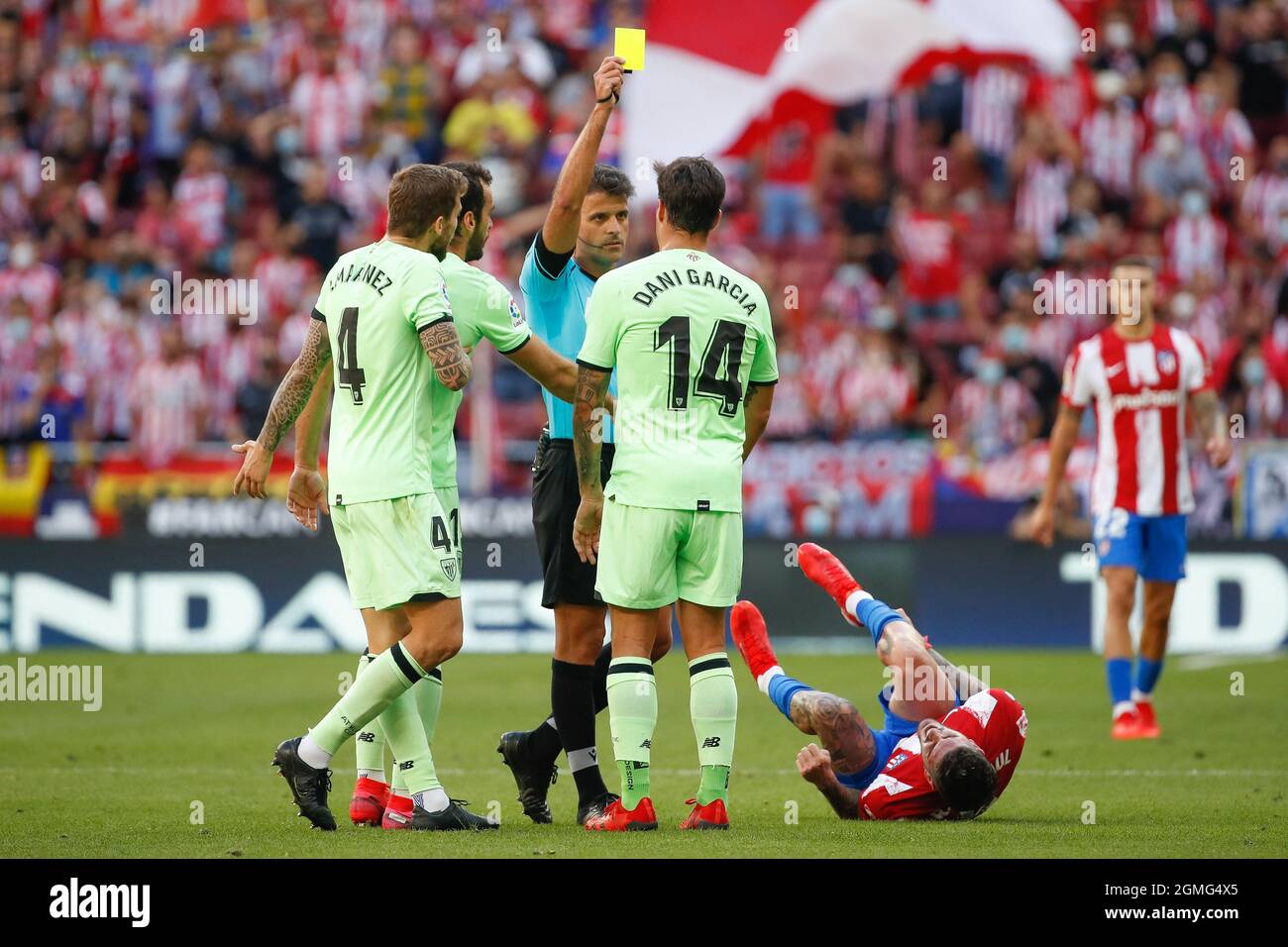 Referee sowhs Yellow card to Dani Garcia of Athletic Club during the La Liga match between Atletico de Madrid and Athletic Club Bilbao at Wanda Metropolitano Stadium in Madrid, Spain. Stock Photo