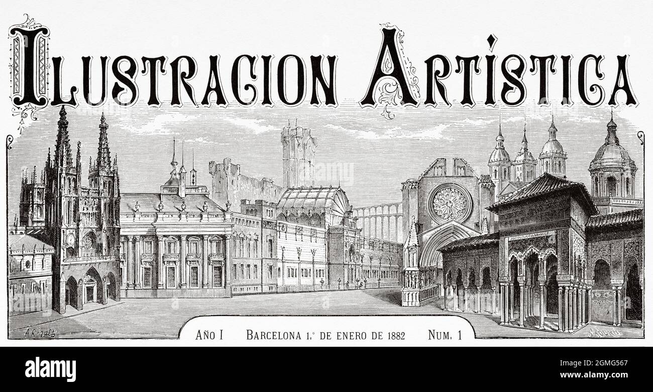 First copy of La Ilustración Artística 1882. It was an illustrated magazine of culture published in Barcelona between 1882 and 1916. Old 19th century engraved illustration from La Ilustración Artística 1882 Stock Photo