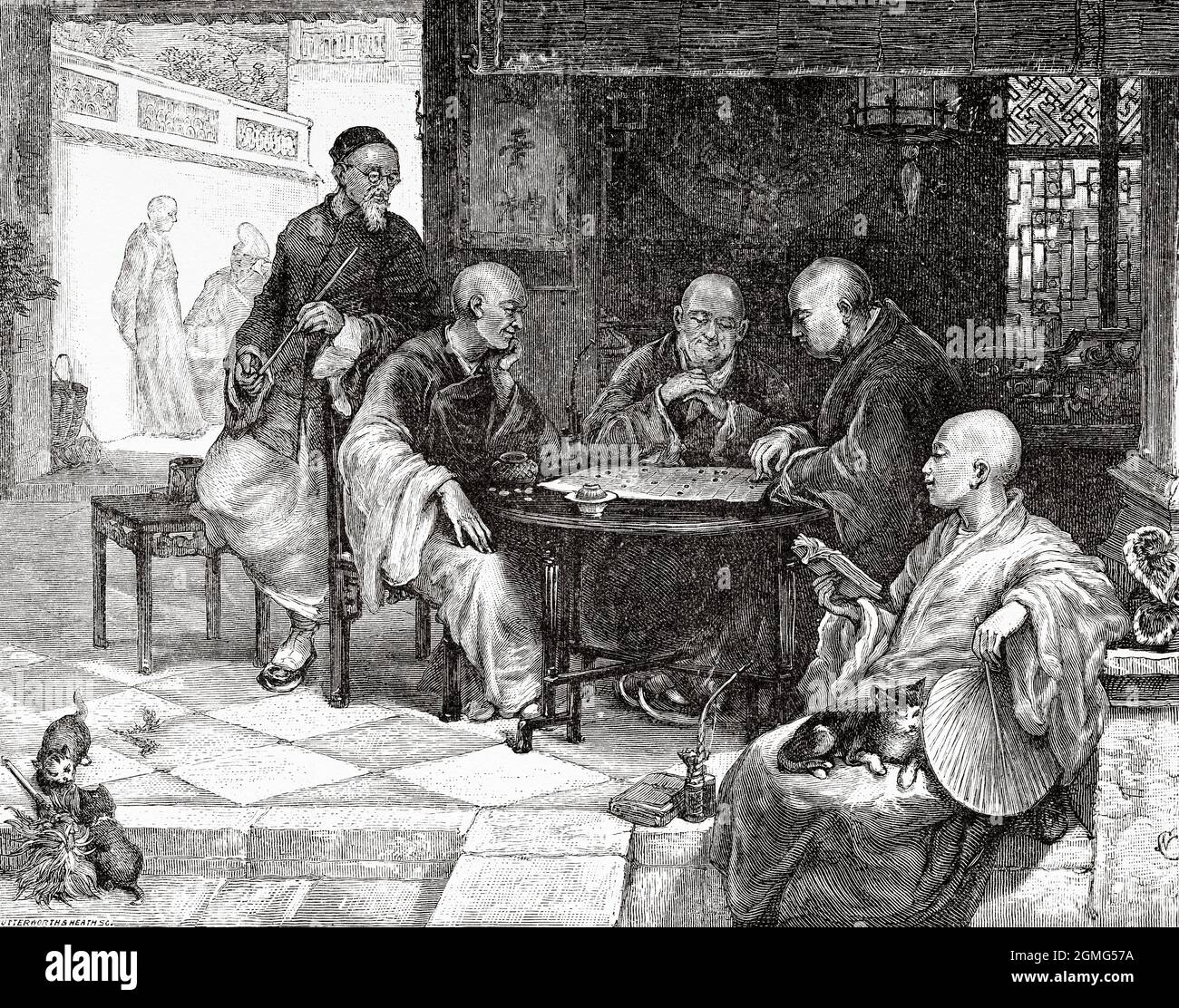 Chinese men playing board games in China painting by Nicholas Chevalier (1828-1902) was a Russian-born artist who worked in Australia and New Zealand. Old 19th century engraved illustration from La Ilustración Artística 1882 Stock Photo