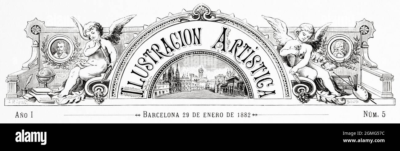 First copy of La Ilustración Artística 1882. It was an illustrated magazine of culture published in Barcelona between 1882 and 1916. Old 19th century engraved illustration from La Ilustración Artística 1882 Stock Photo