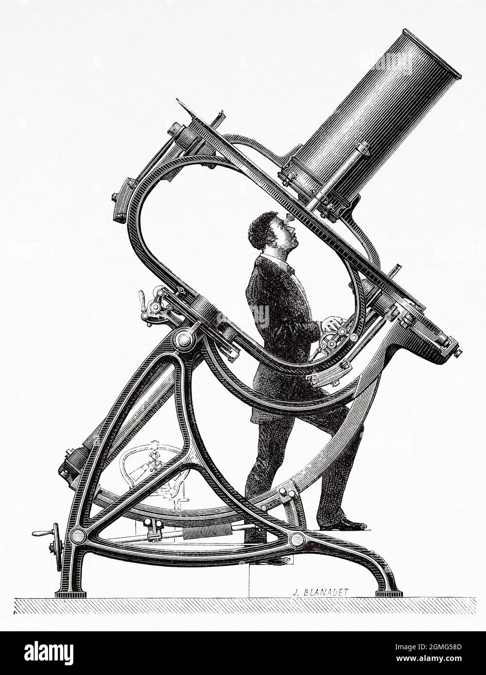 Short focus telescope, by M. Jaubert. Paris, Astronomic observatory Trocadero. Old 19th century engraved illustration from La Ilustración Artística 1882 Stock Photo