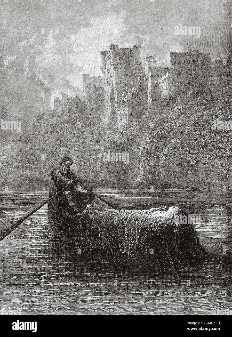 The Body of Elaine on its way to King Arthur Palace, from Idylls of the King by the English poet Lord Alfred Tennyson (1809–1892) illustration by Gustave Dore. Old 19th century engraved illustration from La Ilustración Artística 1882 Stock Photo