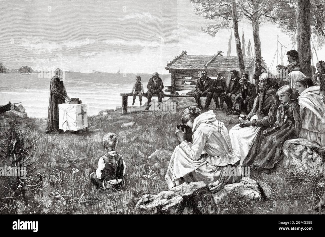 Religious ceremony, Mass, Sea, painting by Albert Gustaf Aristides Edelfelt (1854-1905) was a Finnish painter noted for his naturalistic style and Realist approach to art. Old 19th century engraved illustration from La Ilustración Artística 1882 Stock Photo