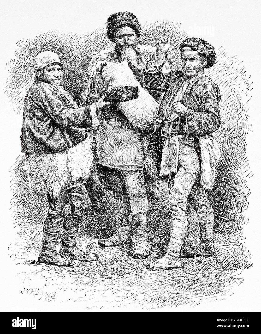 Bulgarian beggars, drawing by Juan Bastinos Coll. Old 19th century engraved illustration from La Ilustración Artística 1882 Stock Photo
