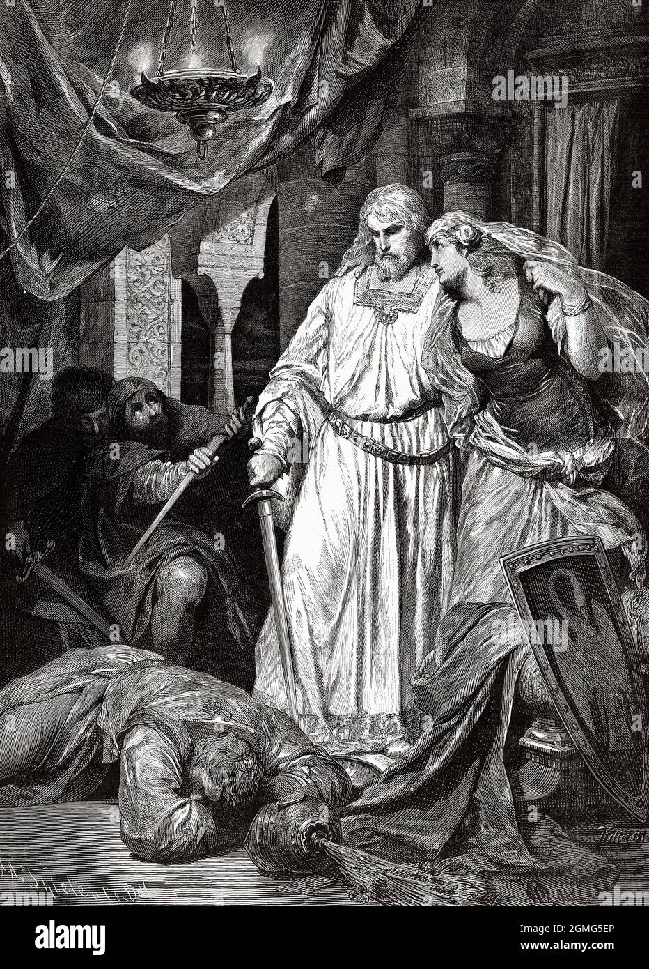 Scene from Lohengrin by Richard Wagner, painting by Ferdinand Keller (1842-1922) was a German painter, halfway between academicism and symbolism. Old 19th century engraved illustration from La Ilustración Artística 1882 Stock Photo