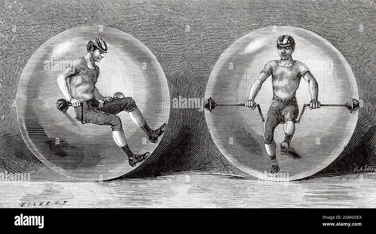 Transparent spherical velocipede project. Old 19th century engraved illustration from La Ilustración Artística 1882 Stock Photo