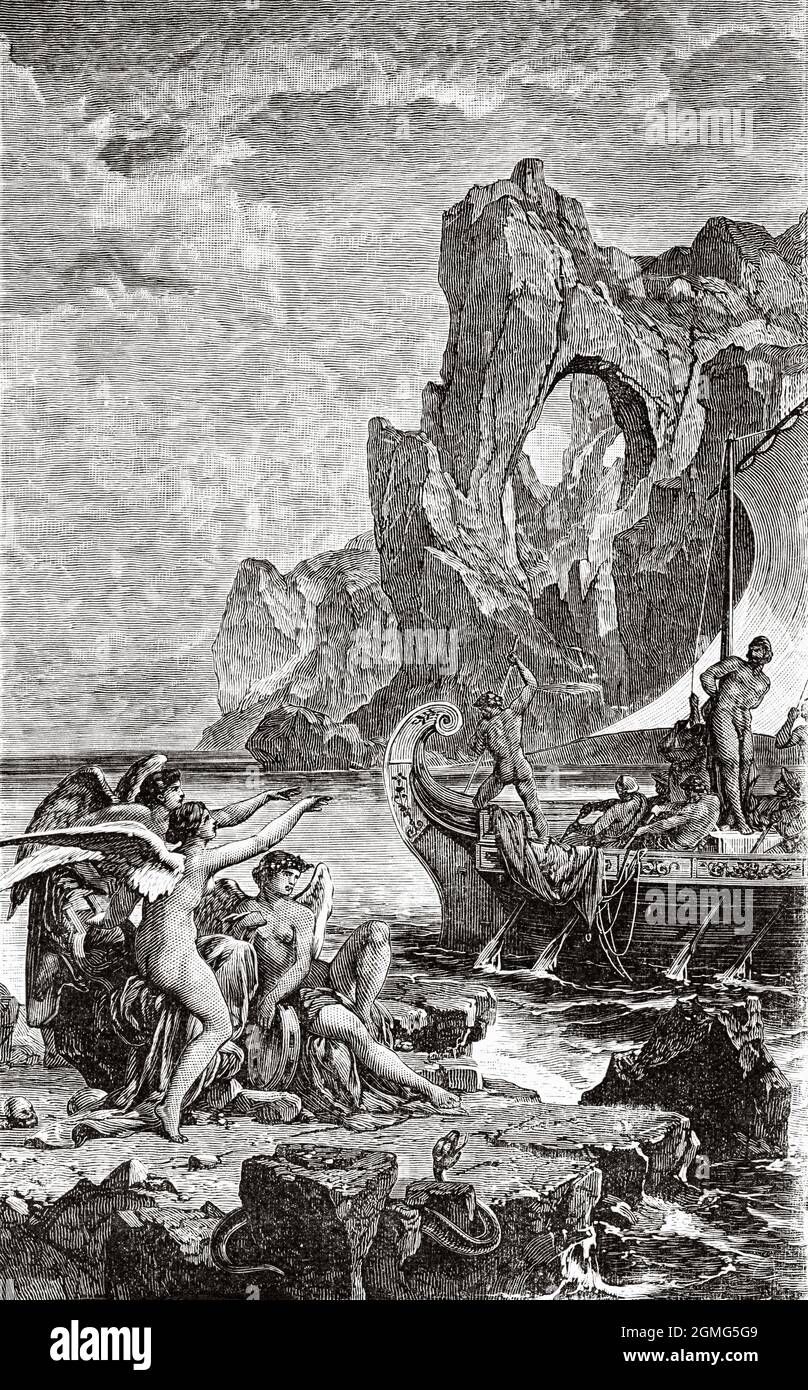 Ulysses and the sirens. The odyssey, greek mythology character. Ancient Greece History. Old 19th century engraved illustration from La Ilustración Artística 1882 Stock Photo