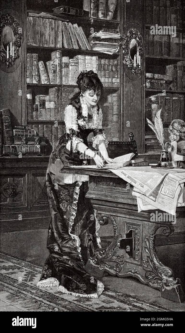 In the library, drawing by Conrad Kiesel (1846-1921) was a German architect, painter and sculptor. Old 19th century engraved illustration from La Ilustración Artística 1882 Stock Photo