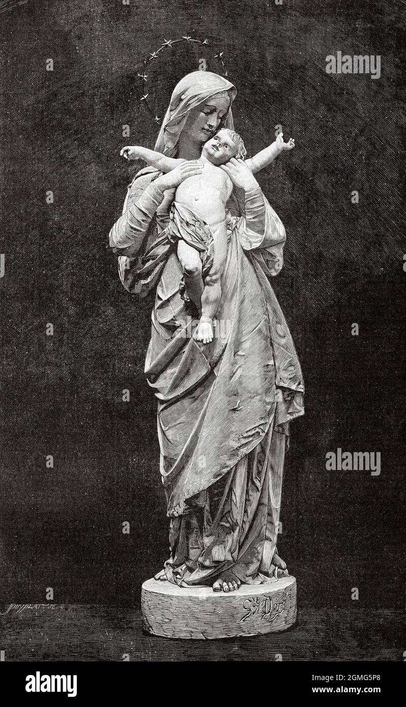 Sculpture of the Virgin and Child by Paul Gustave Doré (1832-1883) was a French Alsatian artist, painter, sculptor, and illustrator. Old 19th century engraved illustration from La Ilustración Artística 1882 Stock Photo