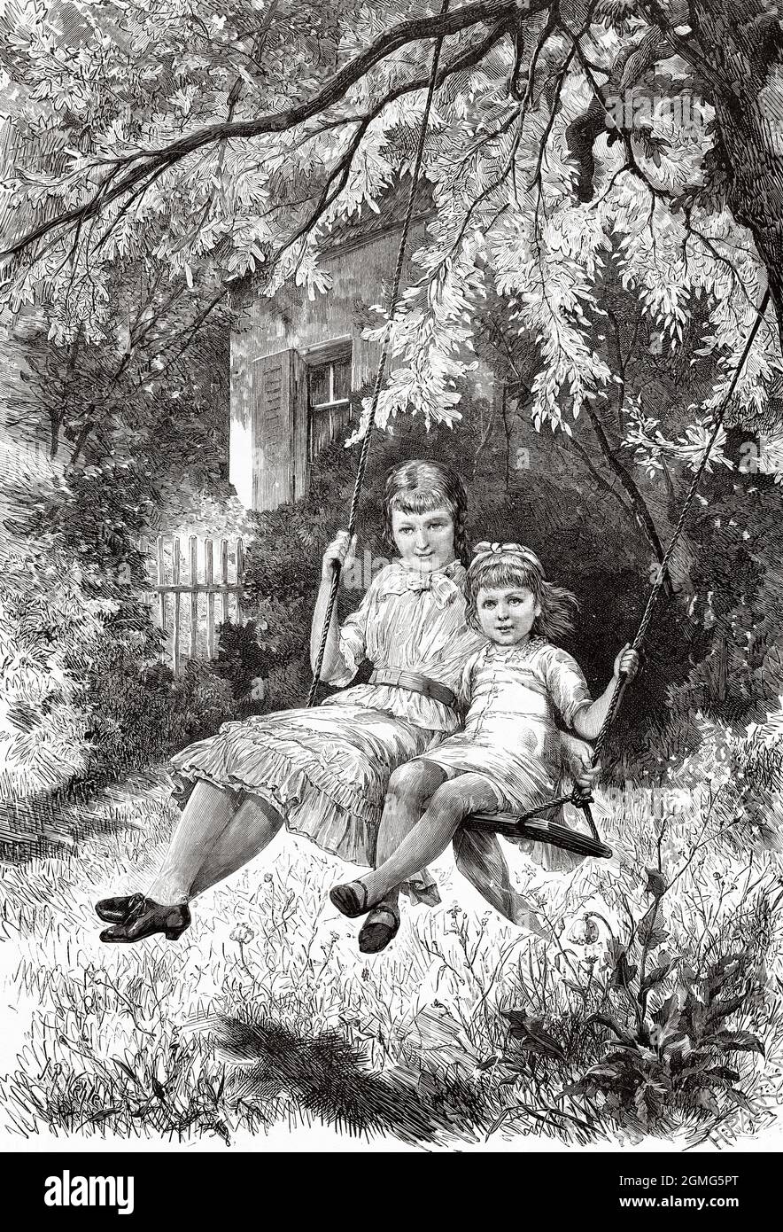 The swing. Two 19th century girls have fun riding on a swing, painting by Johannes Raphael Wehle (1848-1936) German painter and illustrator. Old 19th century engraved illustration from La Ilustración Artística 1882 Stock Photo
