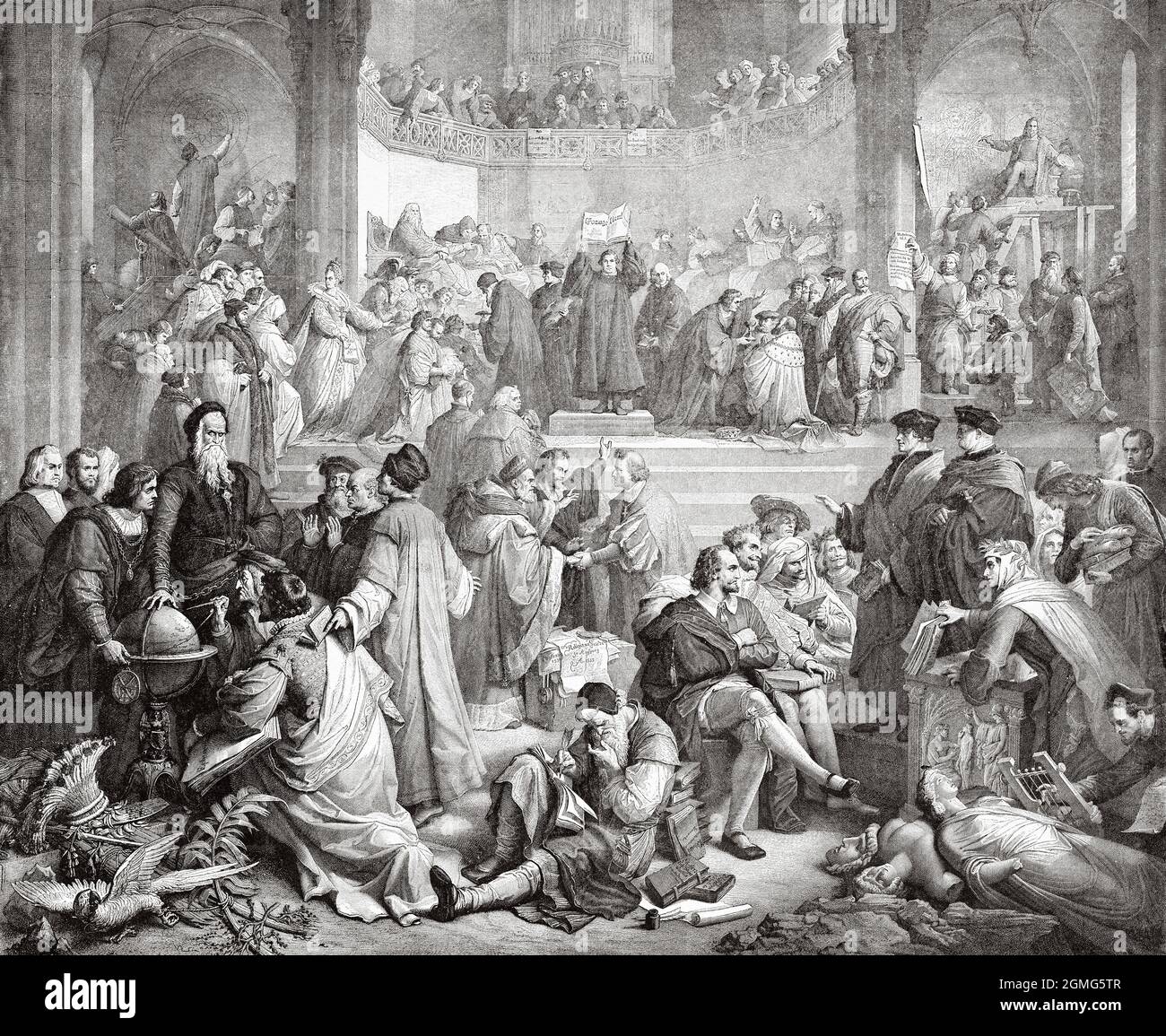 The Protestant Reformation, painting by Wilhelm von Kaulbach (1805-1874) was a German painter. Old 19th century engraved illustration from La Ilustración Artística 1882 Stock Photo