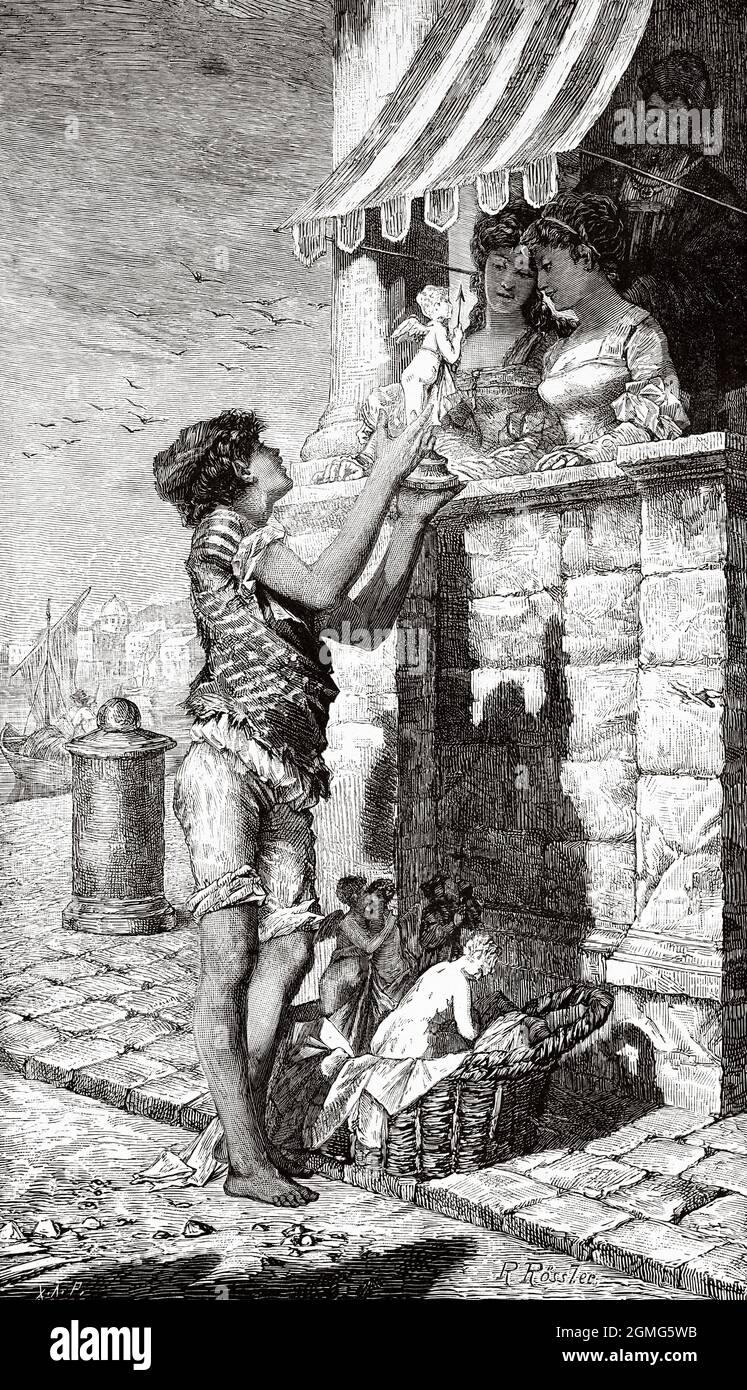 The sale of love. Young seller of cupid statues, painting by Rudolf