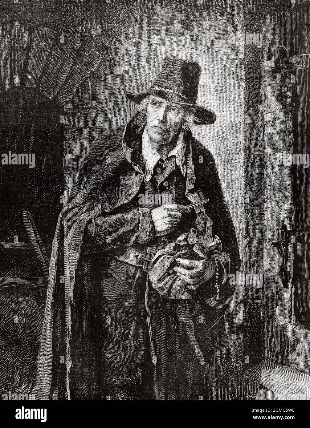 The miser, painting by Wilhelm Leopolski (1828-1892) was a Polish painter. Old 19th century engraved illustration from La Ilustración Artística 1882 Stock Photo