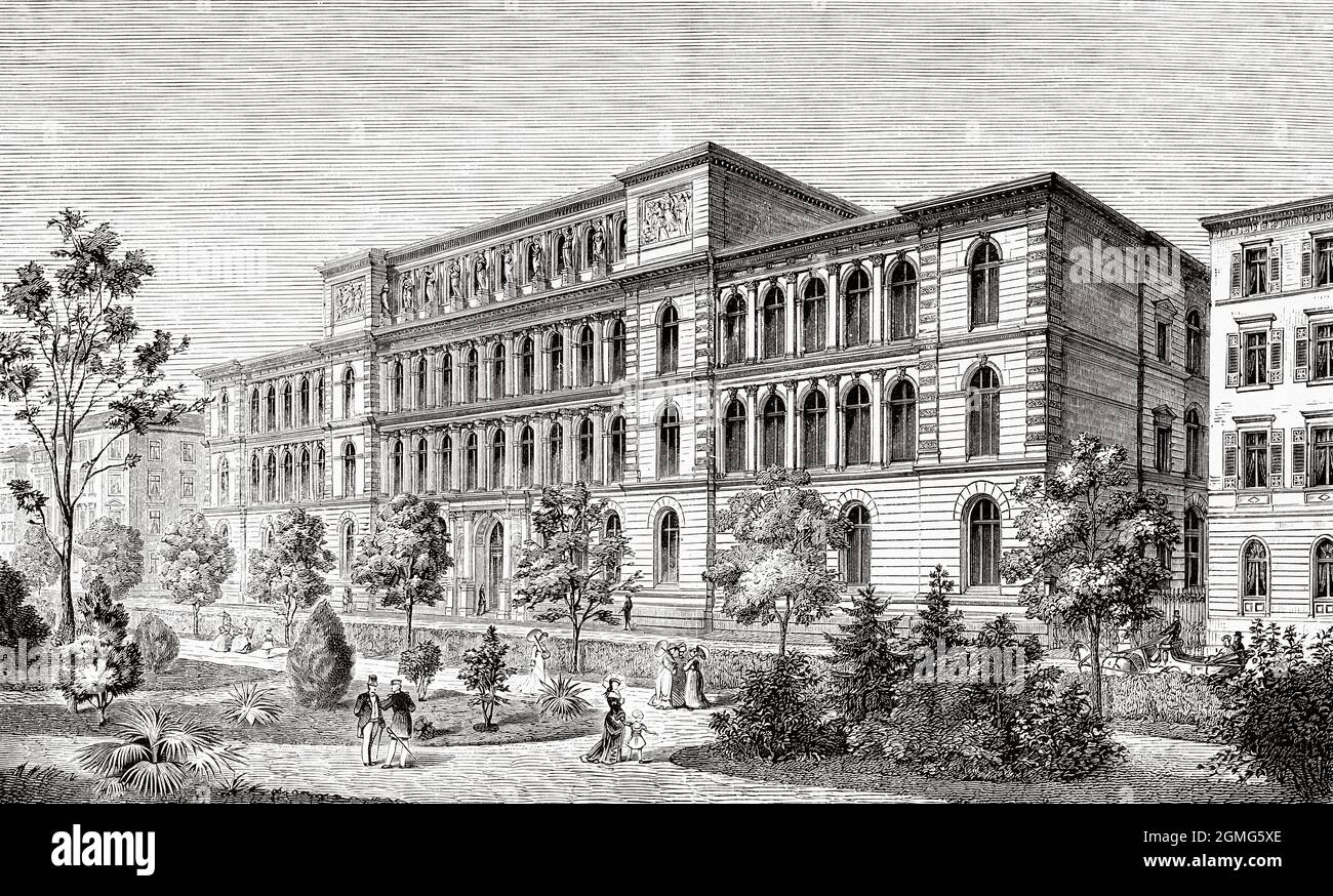 Stuttgart Polytechnic School. University of Stuttgart, Germany. Old 19th century engraved illustration from La Ilustración Artística 1882 Stock Photo