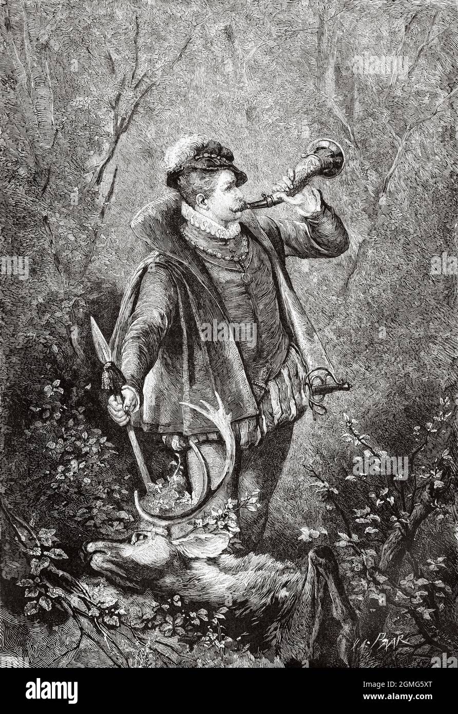 The dead deer. A hunter blows the horn to warn that he has found the downed deer, painting by Johannes Raphael Wehle (1848-1936) German painter and illustrator. Old 19th century engraved illustration from La Ilustración Artística 1882 Stock Photo