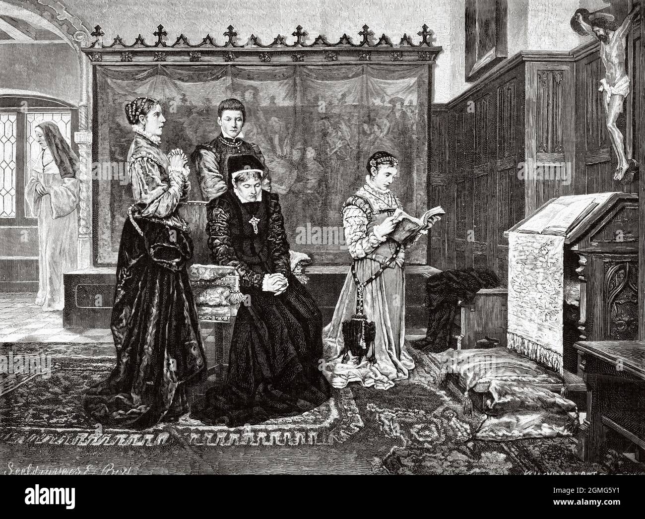 The widow of the Earl of Egmont, painting by Emiel Seeldrayers (1847-1933) Belgian painter. Old 19th century engraved illustration from La Ilustración Artística 1882 Stock Photo