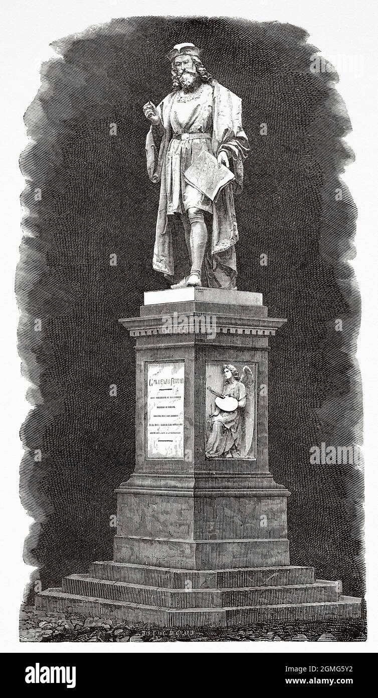 Monument to Gaudenzio Ferrari (1471-1546), called El Milanés was an Italian painter, sculptor and architect who worked in his native Piedmont and Lombardy, greatly influenced by Leonardo da Vinci and Bramantino. Varallo, Vercelli, Italia. Old 19th century engraved illustration from La Ilustración Artística 1882 Stock Photo