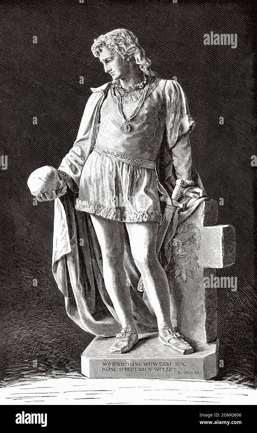 Hamlet, sculpture by August Weizenberg (1837-1921) was an Estonian sculptor. He is considered the founder of modern sculpture in Estonia. Old 19th century engraved illustration from La Ilustración Artística 1882 Stock Photo