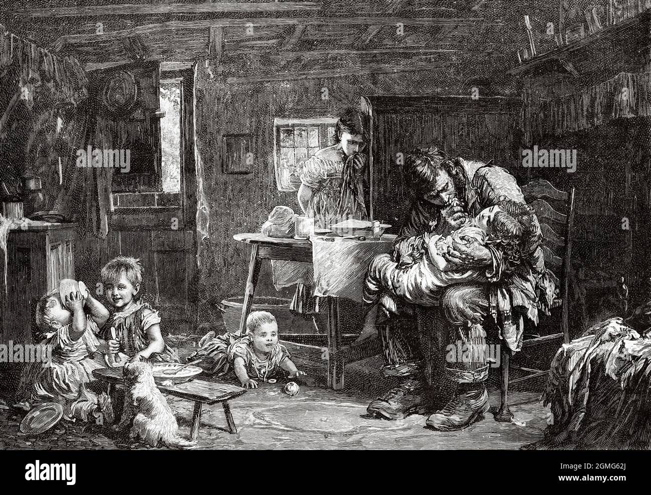 The Widowed Man Taking Care of His Children, painting by Luke Fildes (1843-1927) was an English painter. Old 19th century engraved illustration from La Ilustración Artística 1882 Stock Photo