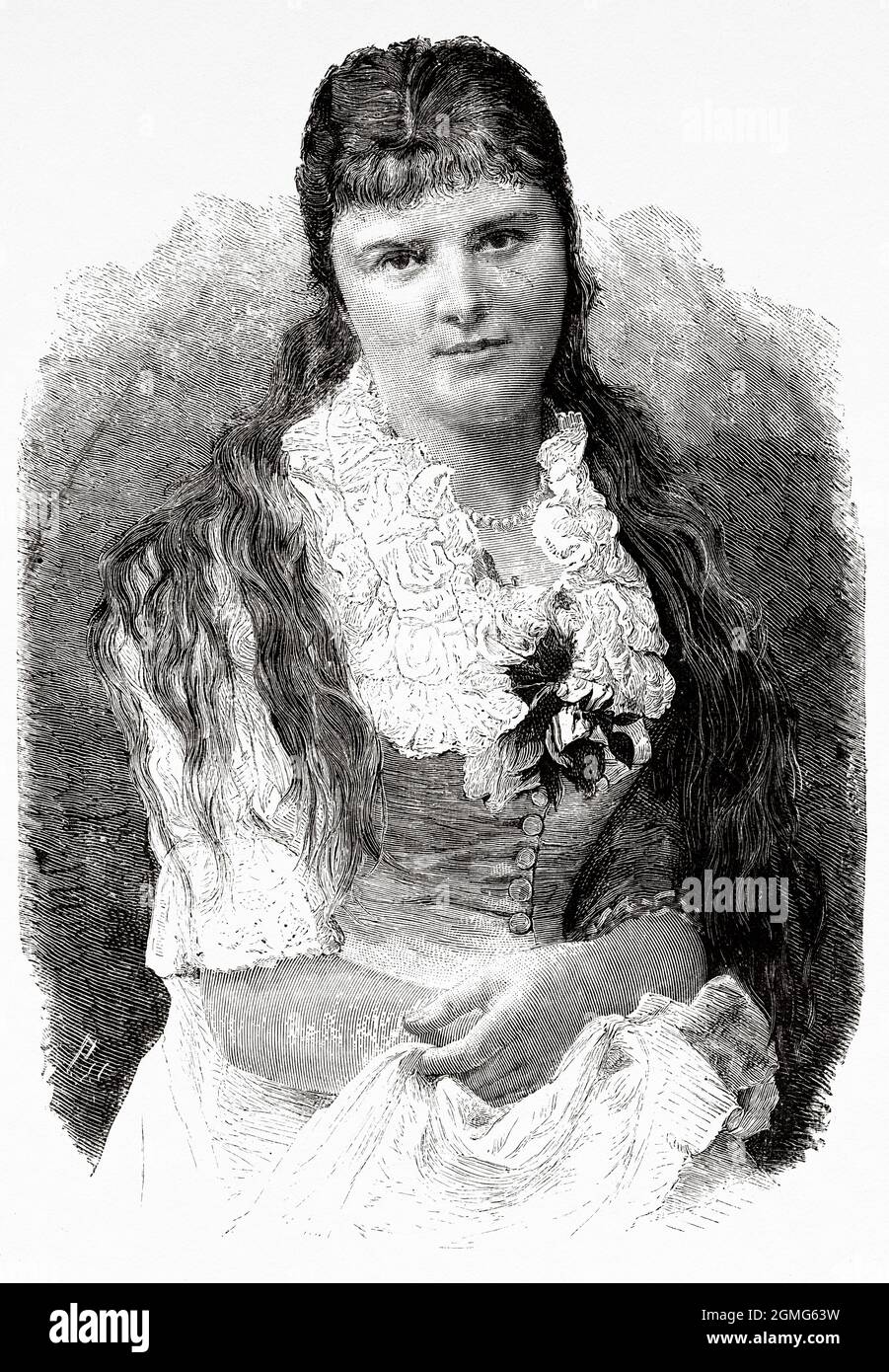 Prize for the most beautiful woman, miss Cornelia Szekely, 1st female beauty contest, held first in Spa and then in Budapest. Old 19th century engraved illustration from La Ilustración Artística 1882 Stock Photo