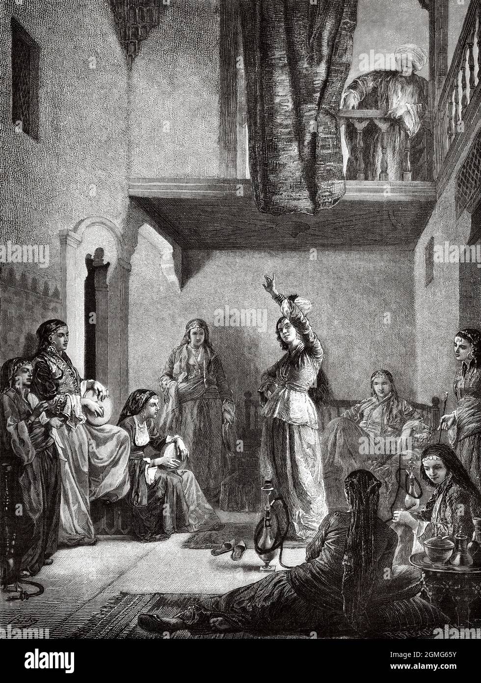 Life in an Ottoman harem, painting by A Bida. Old 19th century engraved illustration from La Ilustración Artística 1882 Stock Photo