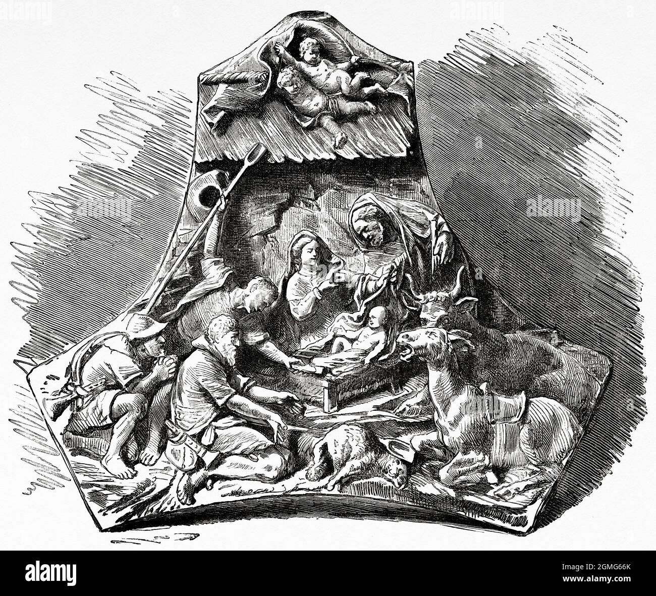 The adoration of the shepherds by the sculptor Martin Stammel. Old 19th century engraved illustration from La Ilustración Artística 1882 Stock Photo