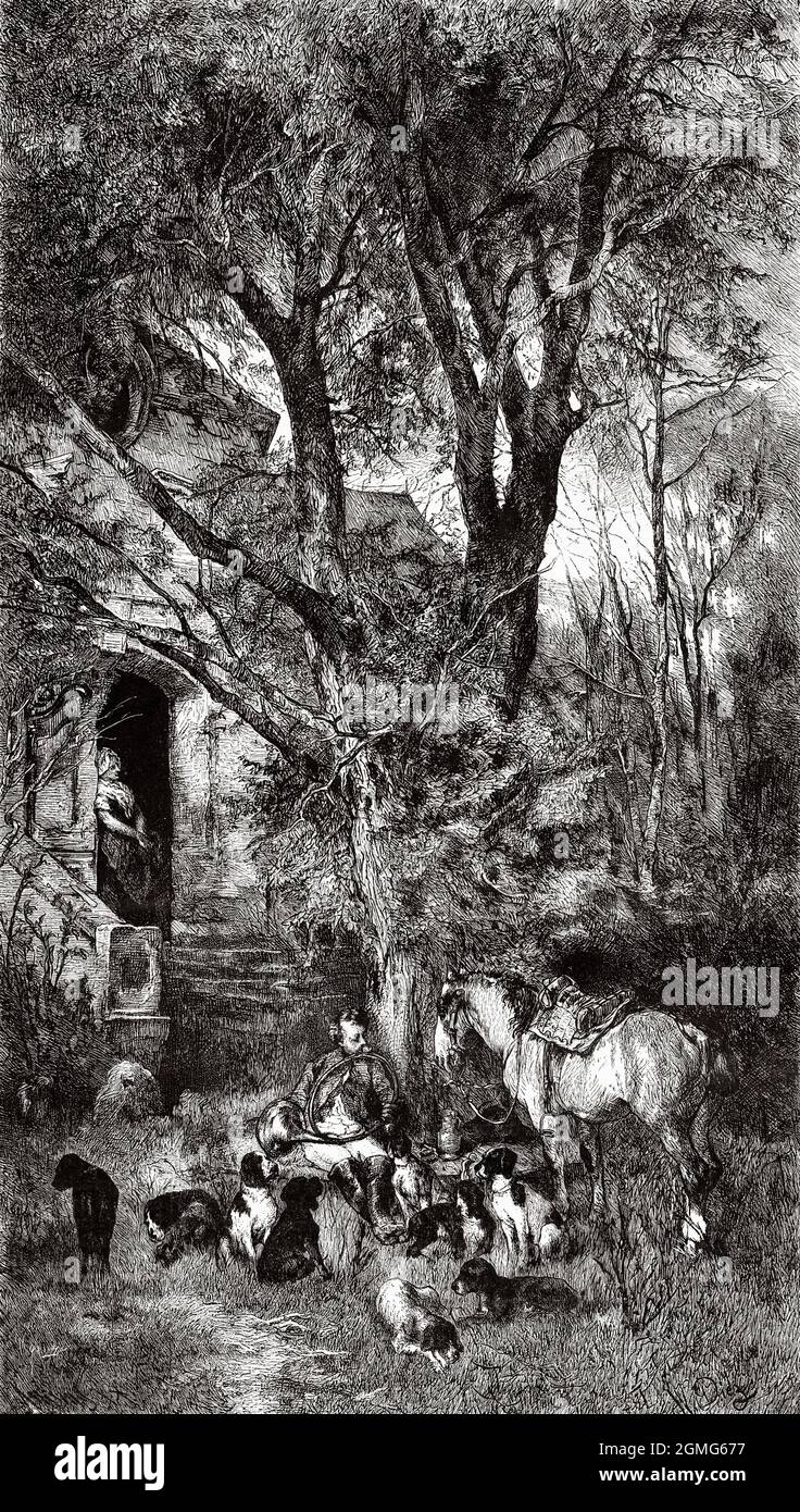 Meeting point, painting by G F Diez. Old 19th century engraved illustration from La Ilustración Artística 1882 Stock Photo