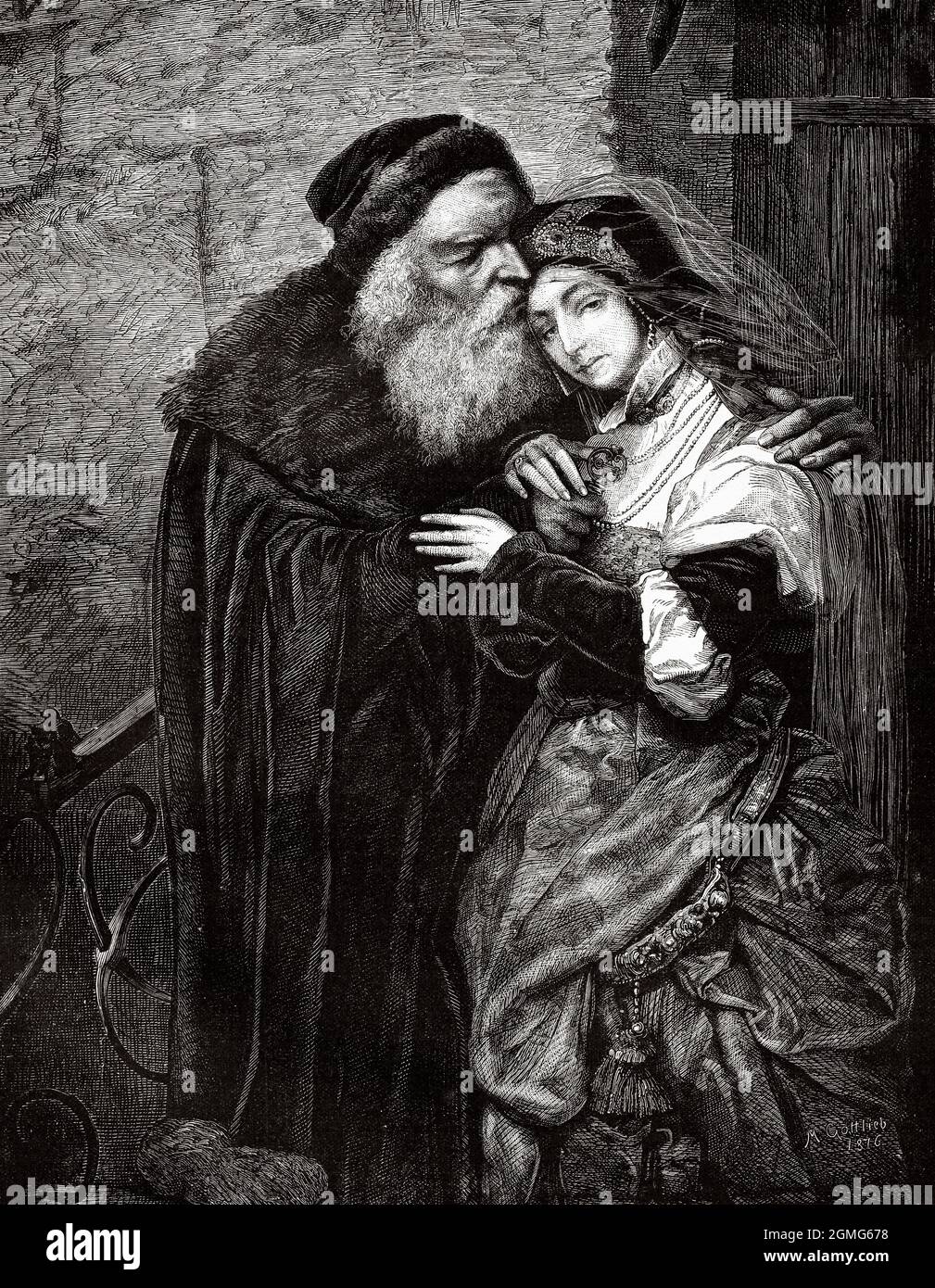 The daughter of the Jew, painting by Maurycy Gottlieb (1856-1879) was a prominent Polish Jewish painter. Old 19th century engraved illustration from La Ilustración Artística 1882 Stock Photo