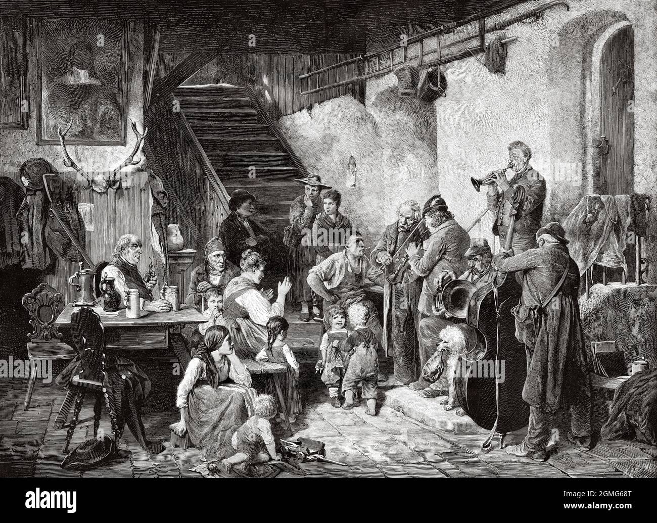 Traveling musicians playing in a tavern, painting by Hugo Wilhelm Kauffmann (1844-1915) was a German painter. Old 19th century engraved illustration from La Ilustración Artística 1882 Stock Photo
