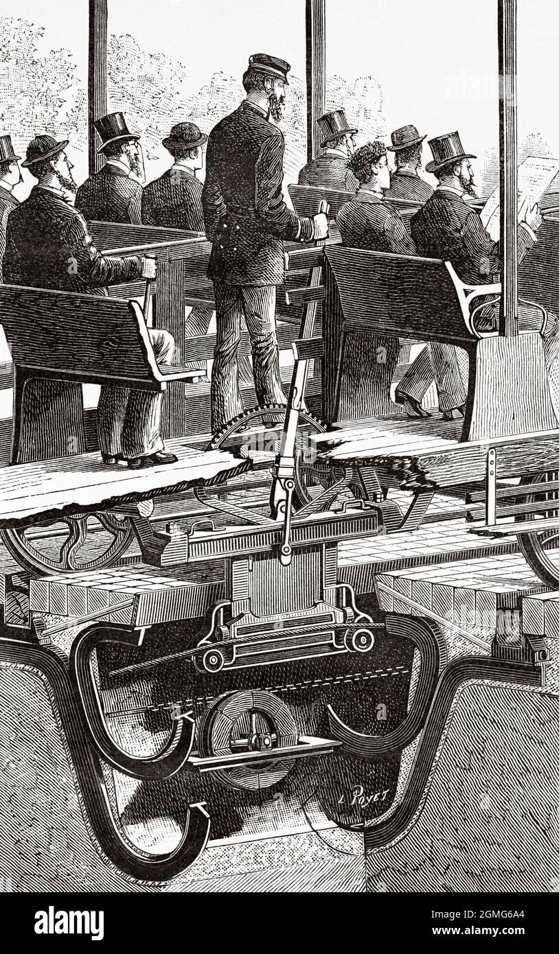 Section of the car and mechanism of the funicular tram of chicago, United States. Old 19th century engraved illustration from La Nature 1883 Stock Photo