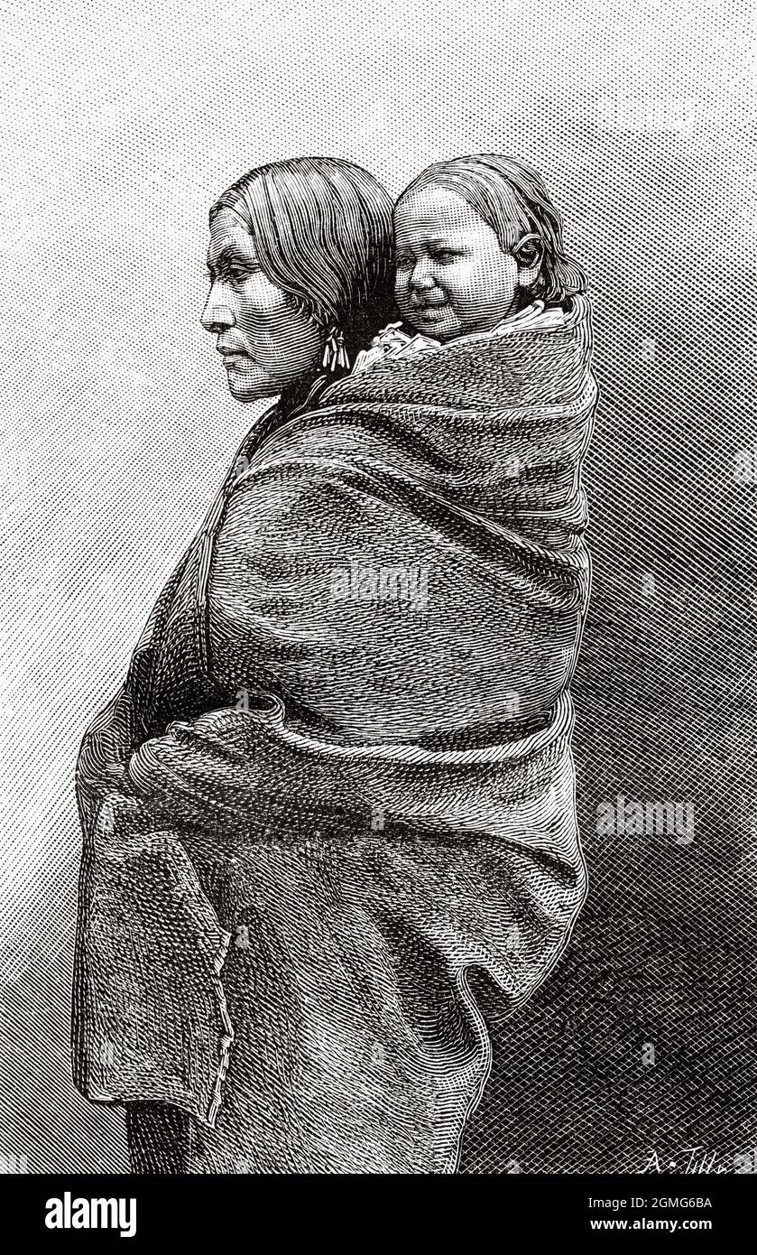American Indian Native redskin woman with his son on his back at Jardin ...