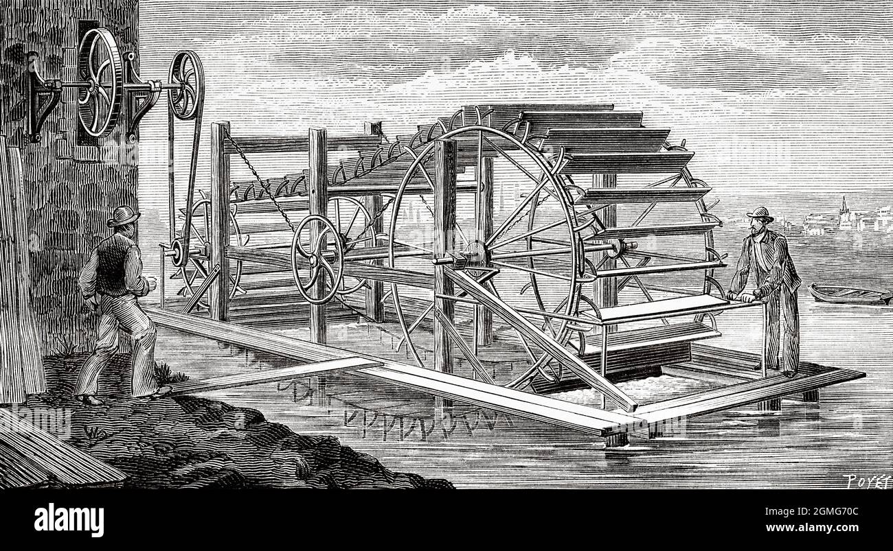 Hydraulic motor from A Zschiesche. Old 19th century engraved