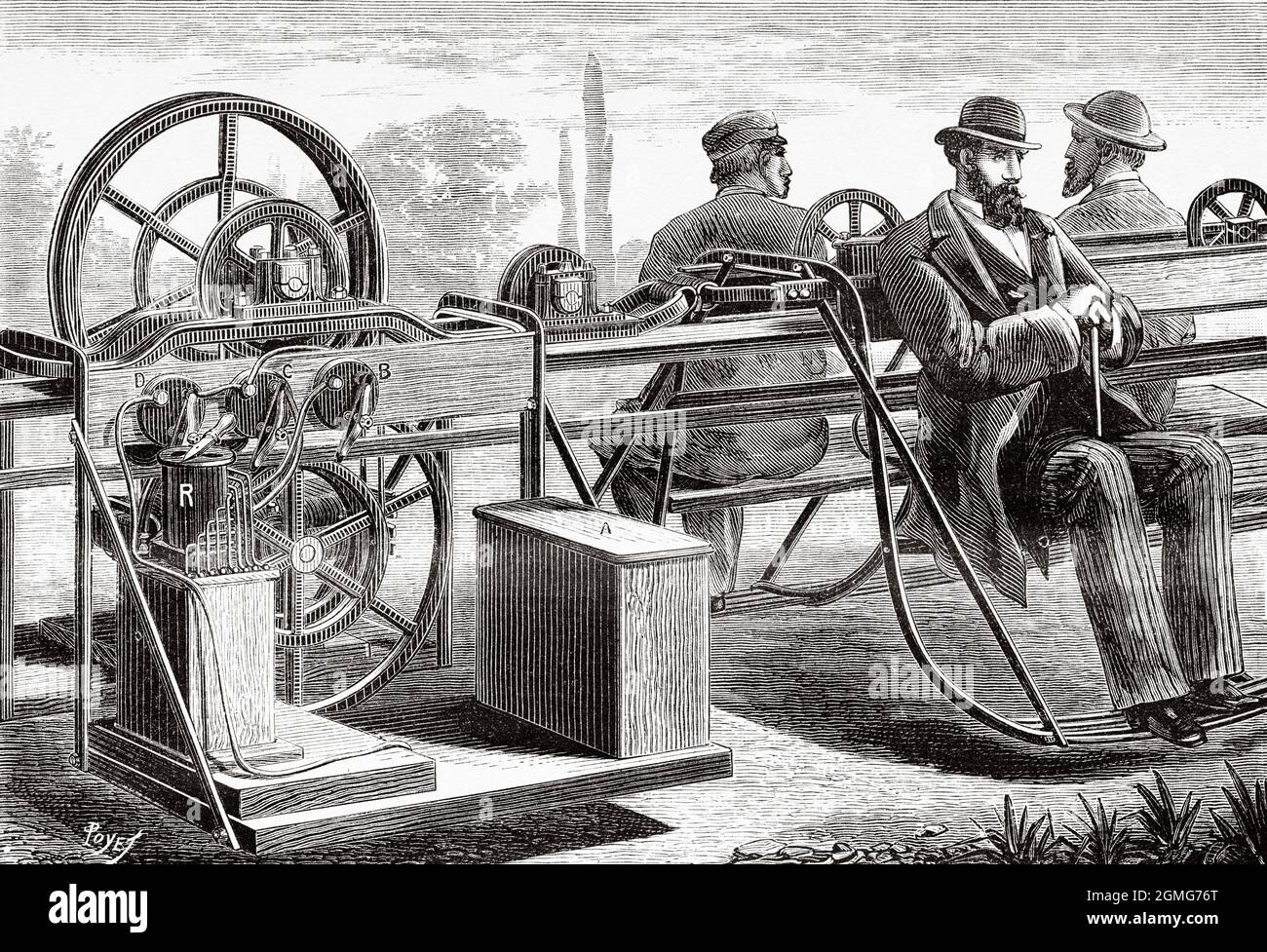 Application of electric traction to the Lartigue monorail railway. Old 19th century engraved illustration from La Nature 1883 Stock Photo