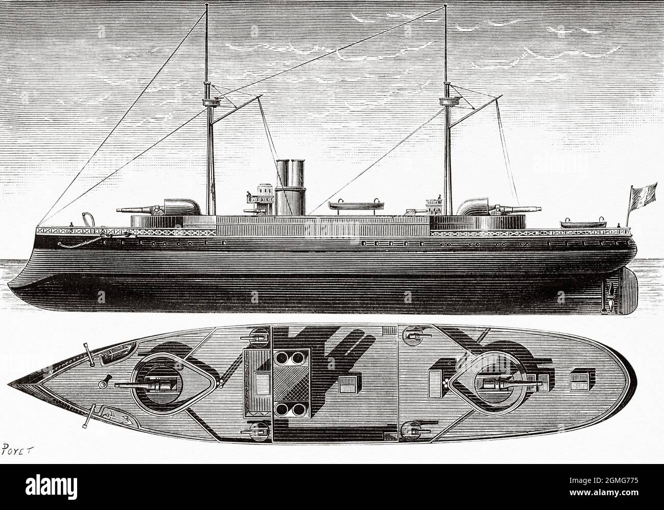 French ironclad Indomptable was an ironclad barbette ship built for the French Navy in the late 1870s and early 1880s. The main armament consisted of two 420 mm guns, France. Europe. Old 19th century engraved illustration from La Nature 1883 Stock Photo