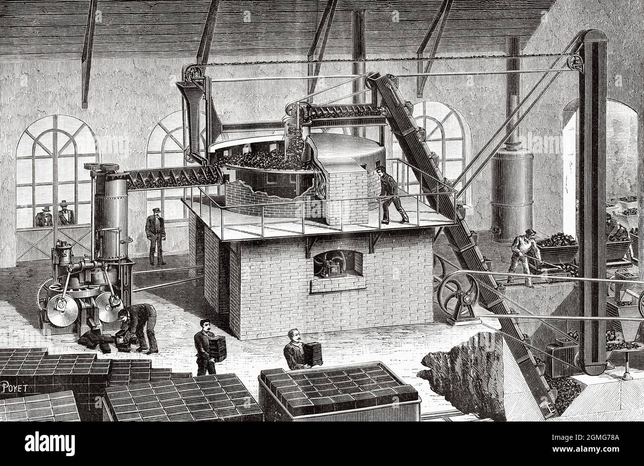 Manufacture of agglomerated fuels, overview of a plant, Beatrix and Couffinhal system. Old 19th century engraved illustration from La Nature 1883 Stock Photo
