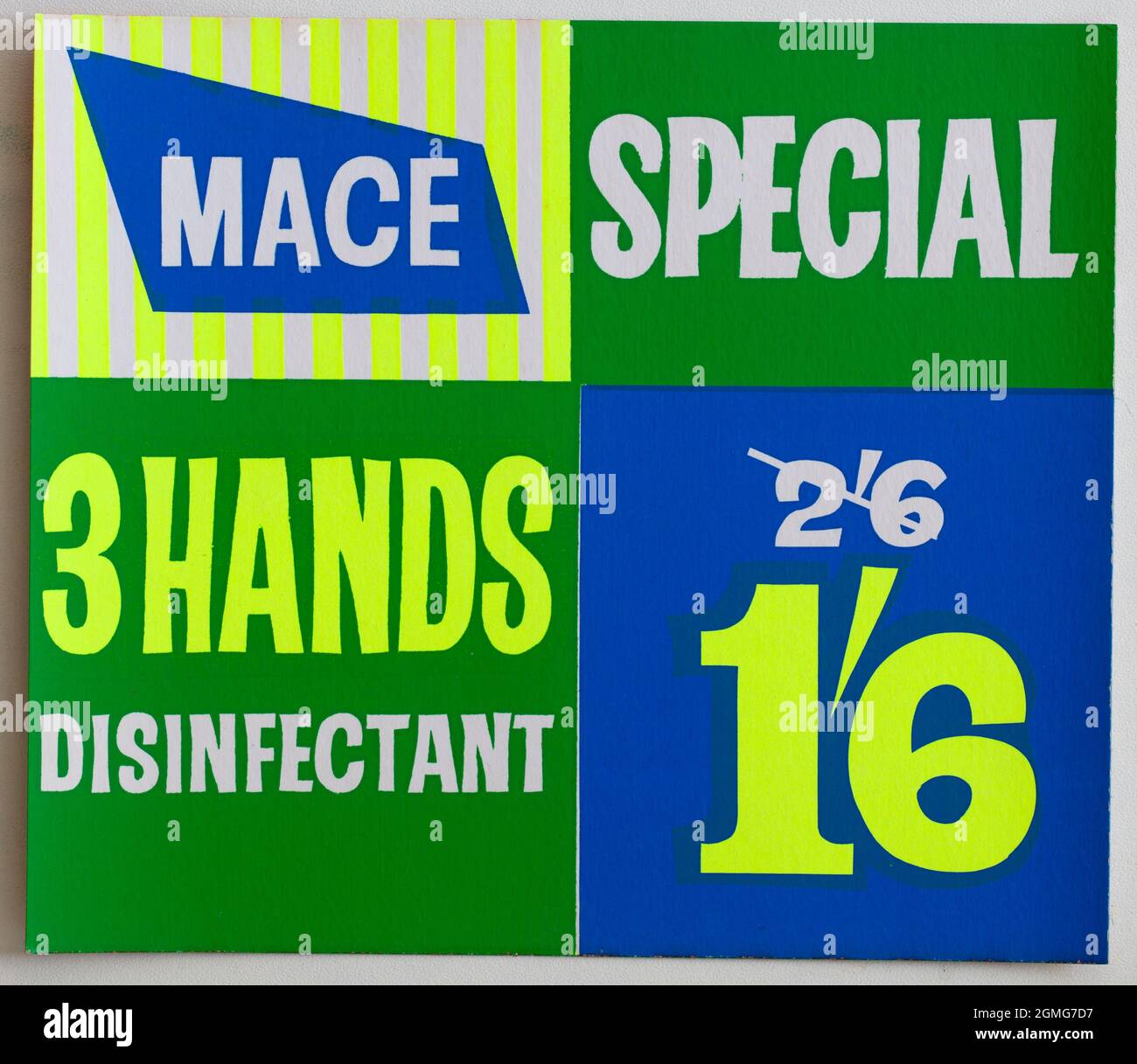 Vintage 1960s Mace Shop Price Display Card - 3 Hands Disinfectant Stock Photo