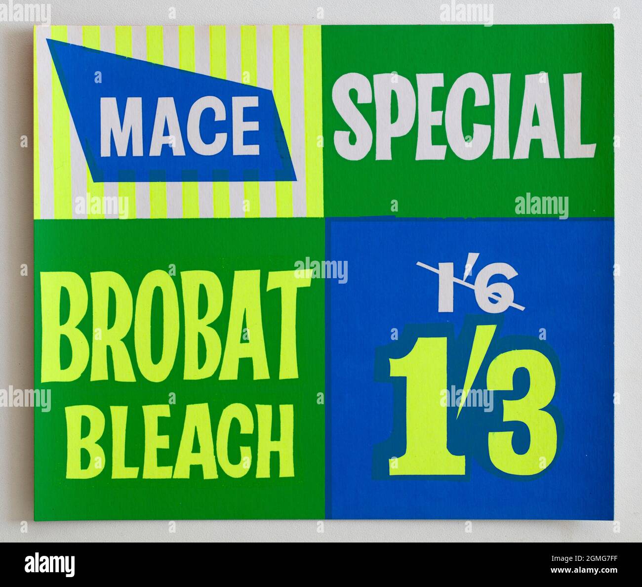 Vintage 1960s Mace Shop Price Display Card - Brobat Bleach Stock Photo
