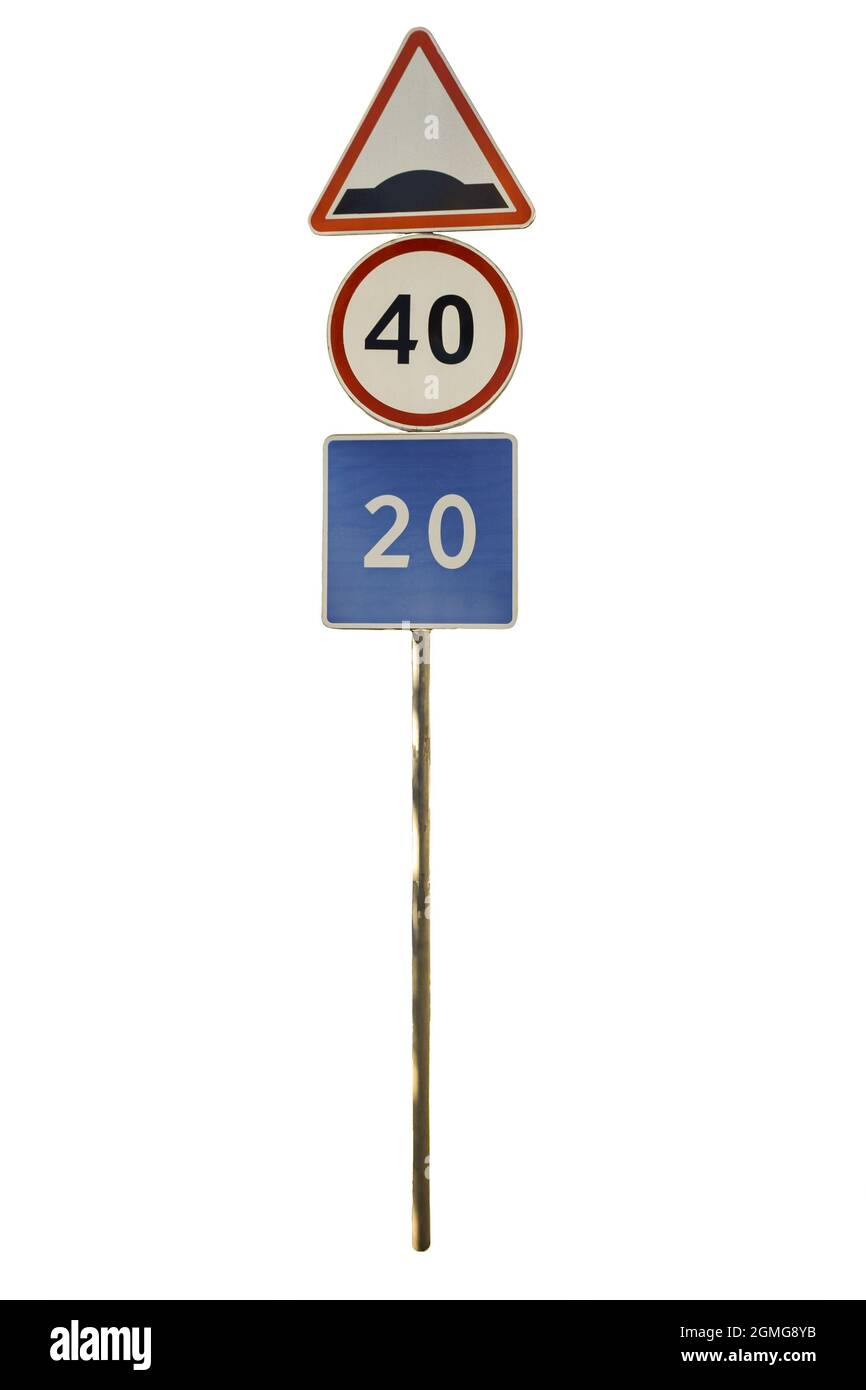 Iron pole with three road direction signs of different meanings and colors on white clipping background Stock Photo