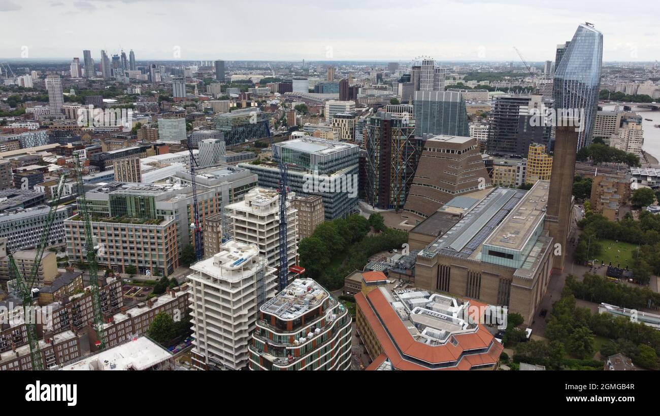 Tower Cranes working Southwark southbank London summer 2021 drone shot