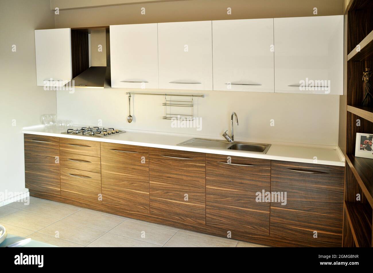 Interior of luxurious modern kitchen equipment, white and walnut