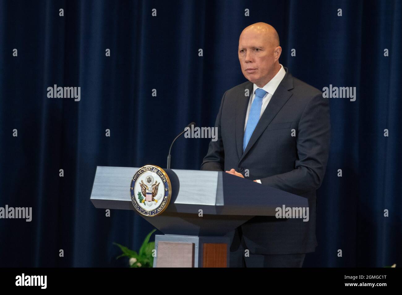 Australian Defence Minister Peter Dutton, responds to a question during a joint press conference with his American counterparts at the Department of State September 16, 2021 in Washington, DC.  Credit: SSgt. Sgt. Jack Sanders/DOD/Alamy Live News Stock Photo