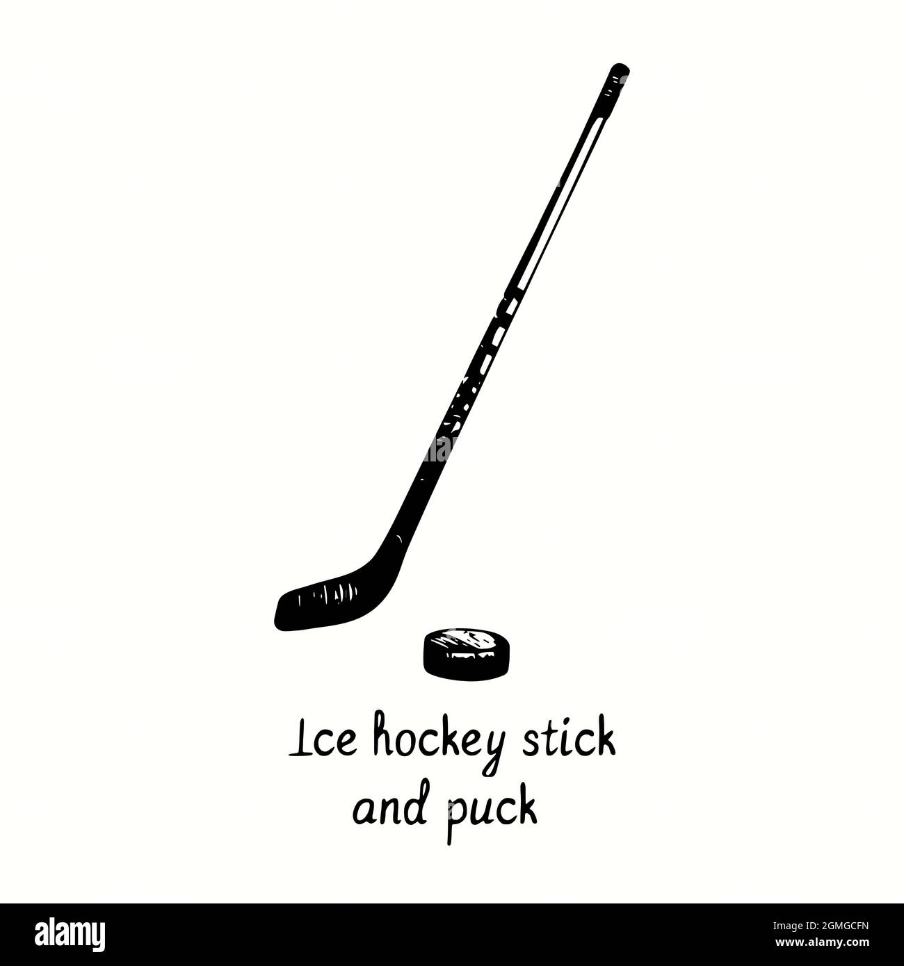 Ice hockey stick and puck. Ink black and white doodle drawing in